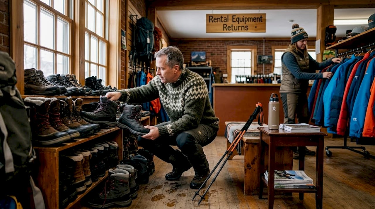Man choosing rental winter boots in gear shop