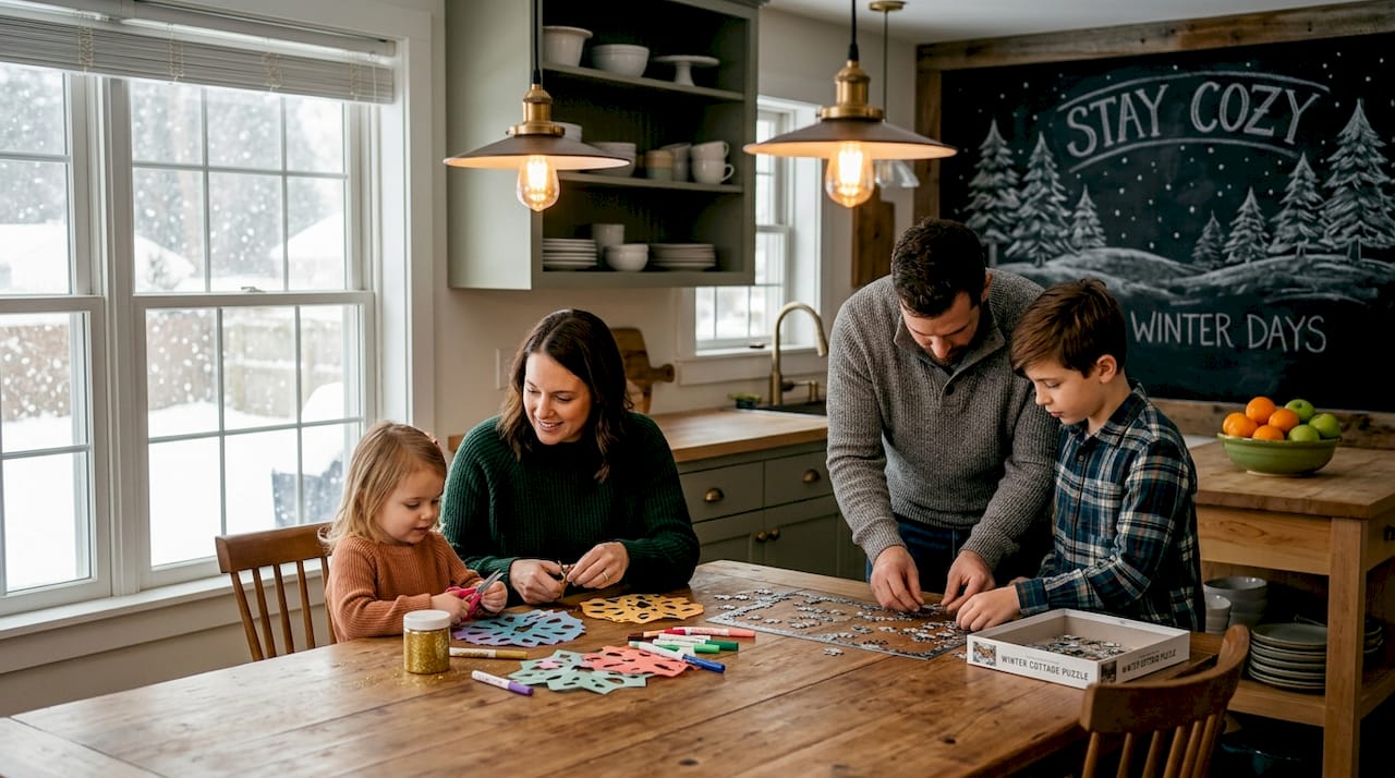 Family making crafts together indoors in winter