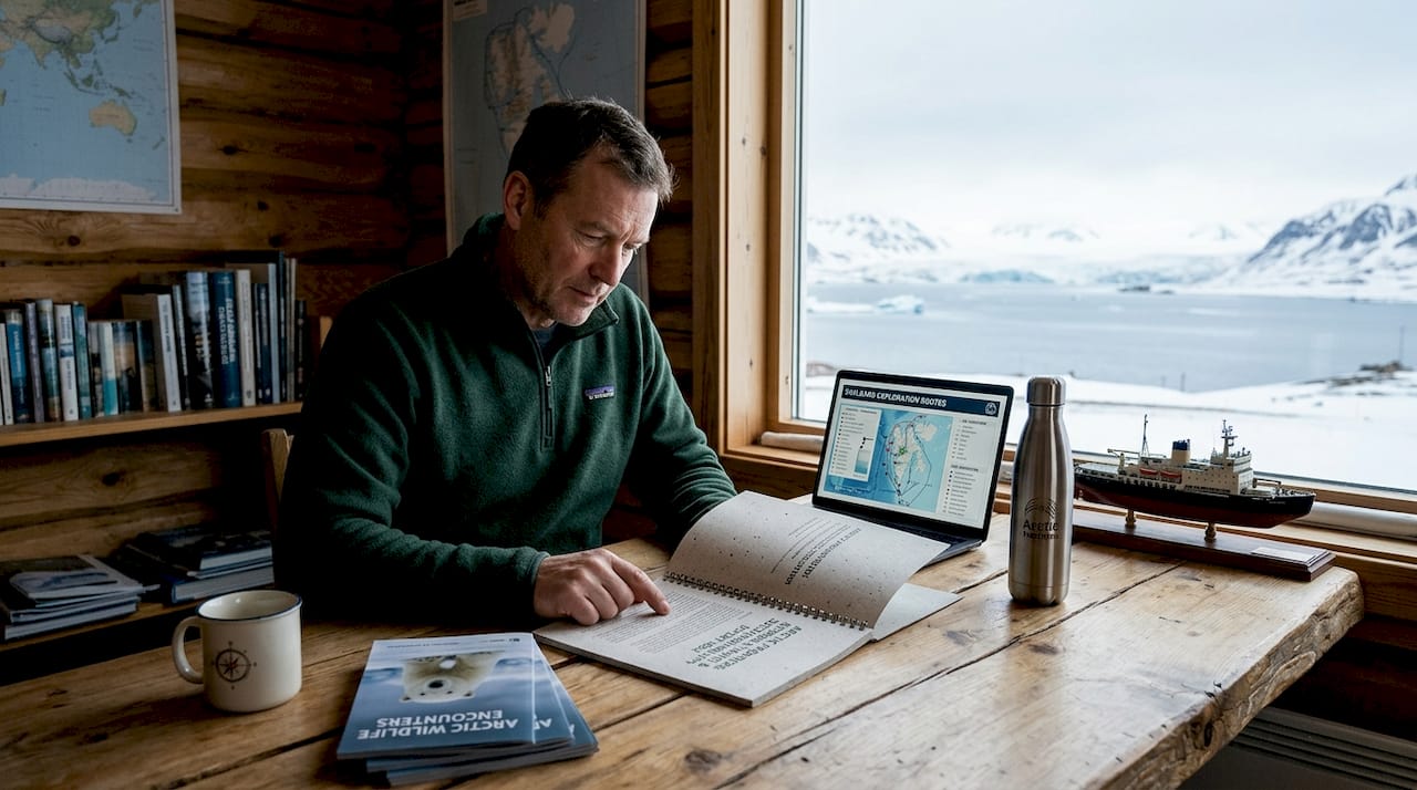 Tour operator reviewing sustainability report indoors