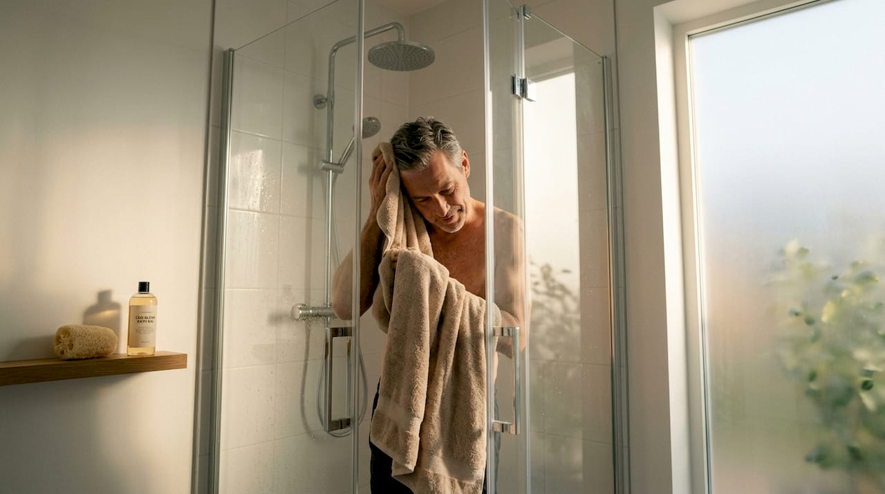 Person drying off after shower before sauna