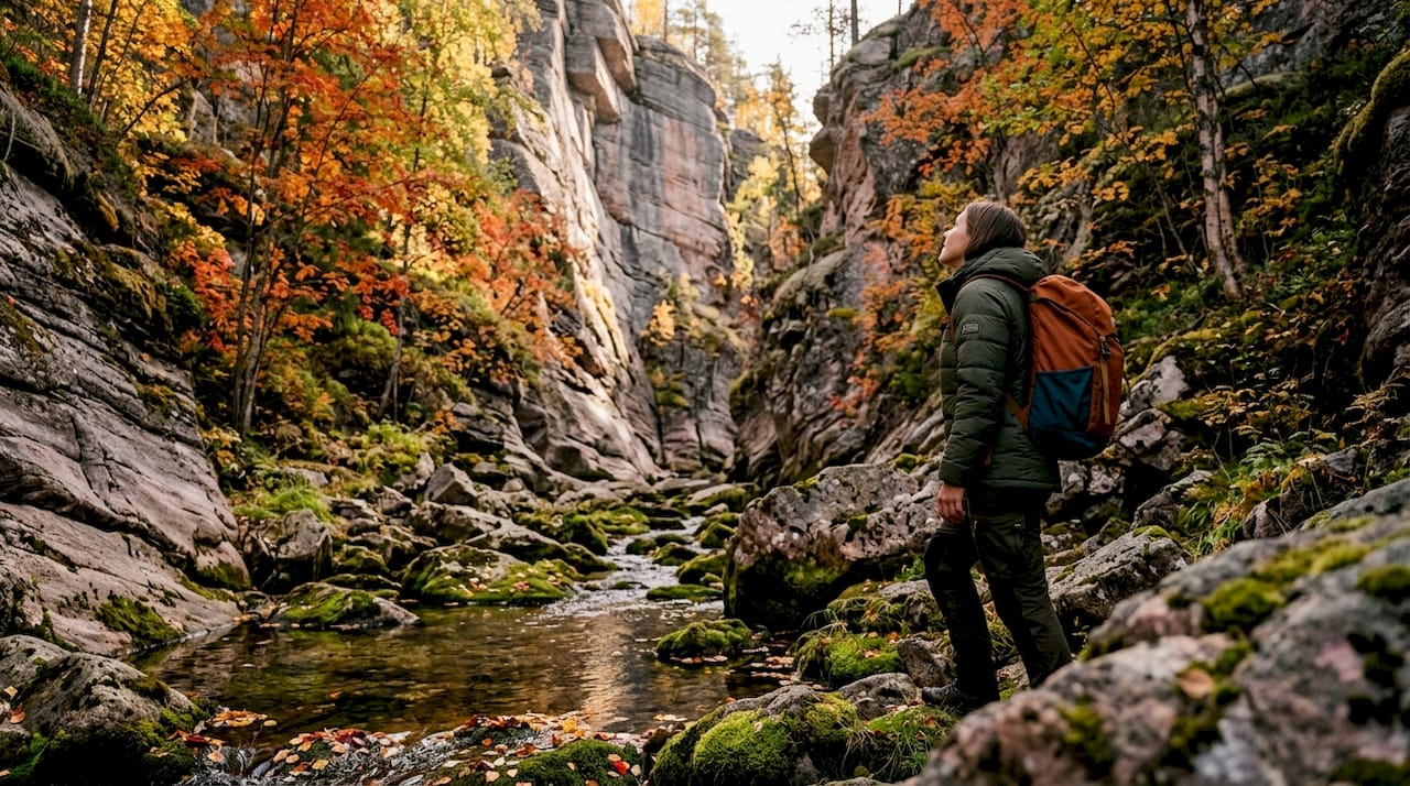 Isokuru gorge with autumn foliage and quartzite cliffs