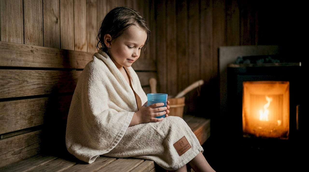 Sauna safety setup with child on lower bench
