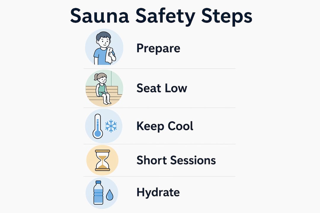 Infographic illustrating key safety steps for children's sauna use