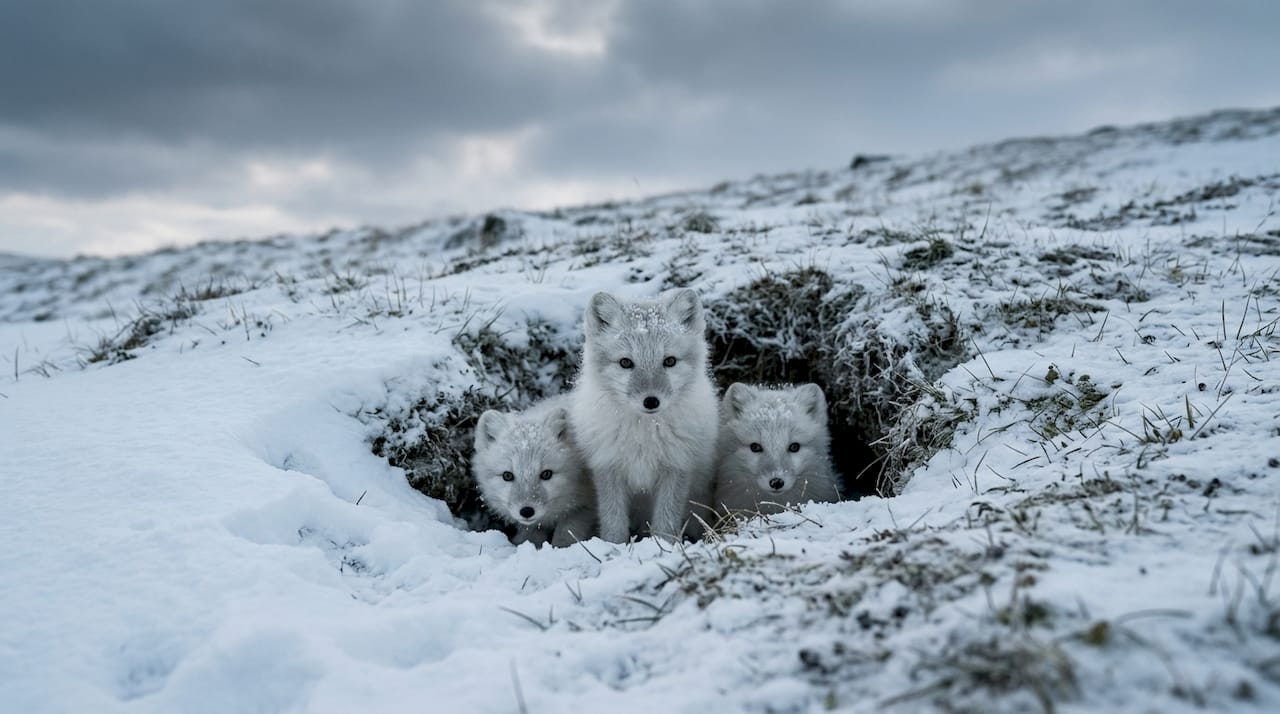 Arctic fox cubs peeking from snow den