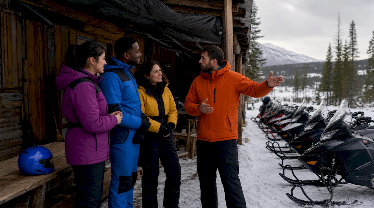 Group receiving snowmobile safari briefing outdoors