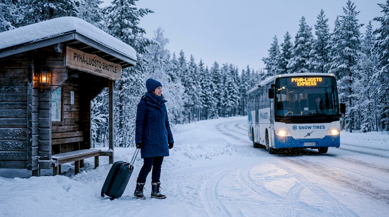 Traveler waiting for winter shuttle bus in snow