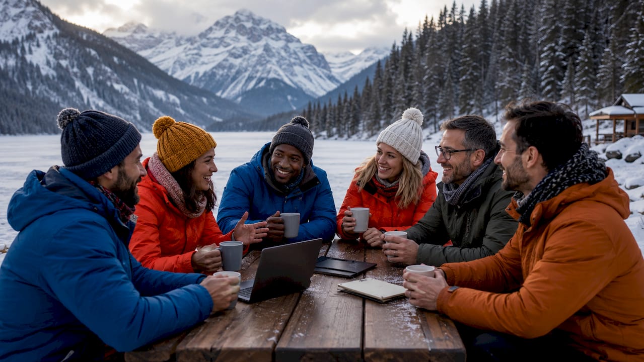 Corporate group chatting outdoors at snowy mountain resort