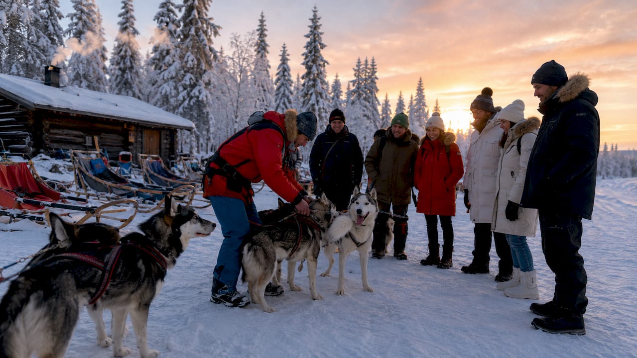 Guide preparing huskies for group safari in snowy Lapland base camp