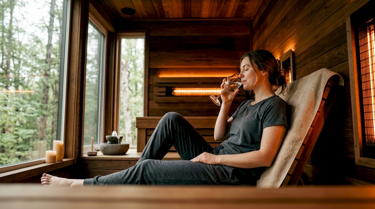 Young adult relaxing in infrared sauna