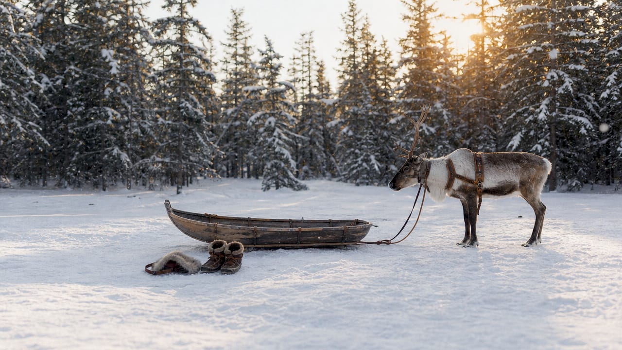 Close-up of wooden pulka sled and reindeer harness