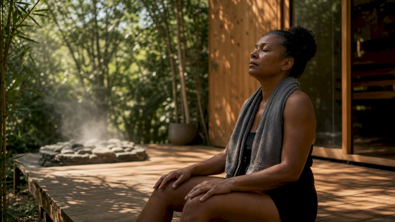 Woman practicing deep breathing in sauna