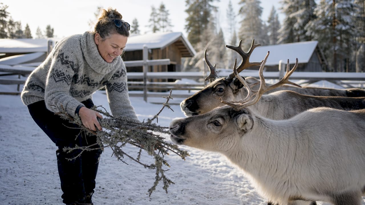 Man feeding reindeer on snowy farm safari