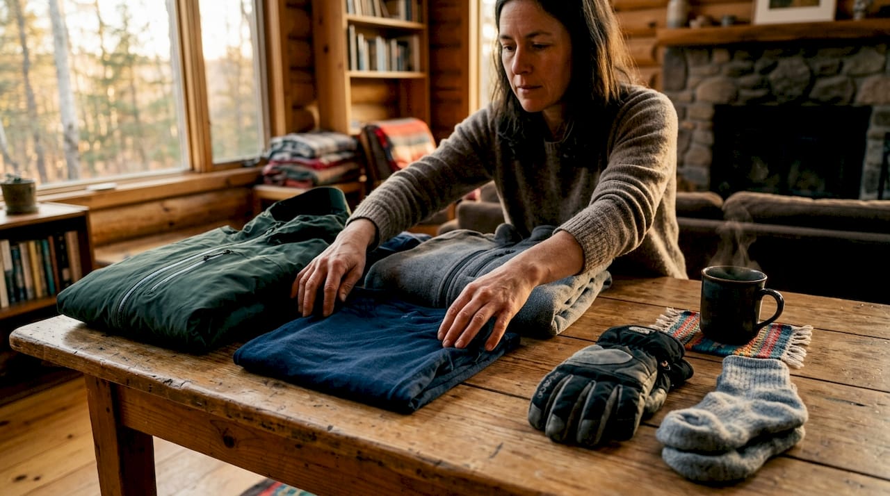 Hands arranging Arctic clothing layers on bed