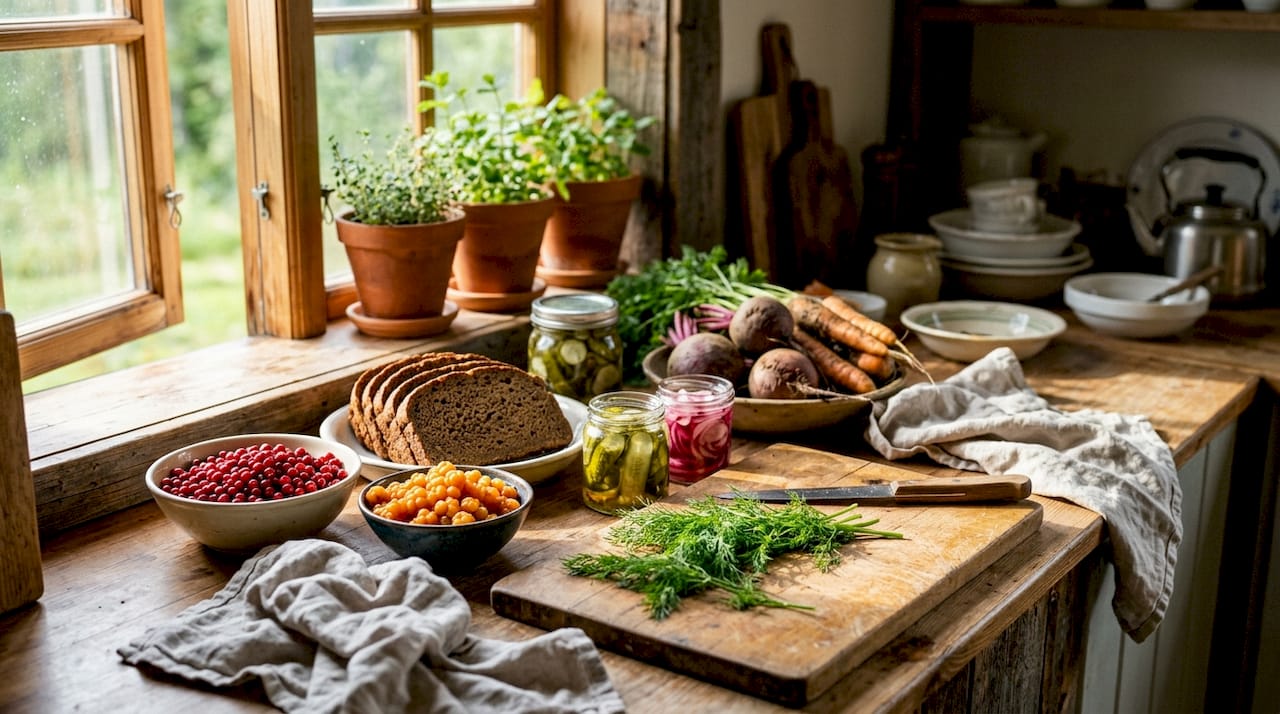 Overhead view of fresh Nordic seasonal ingredients on wooden table