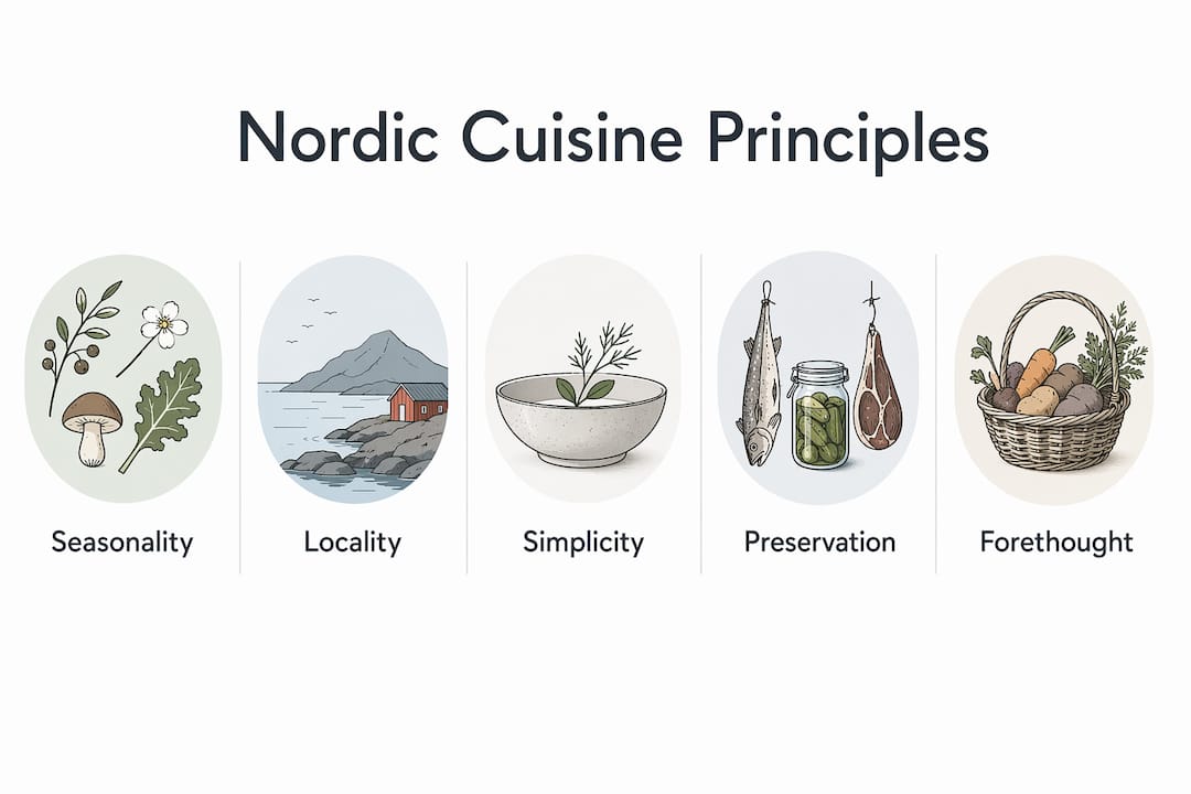 Infographic showing core principles and preservation methods of Nordic cuisine