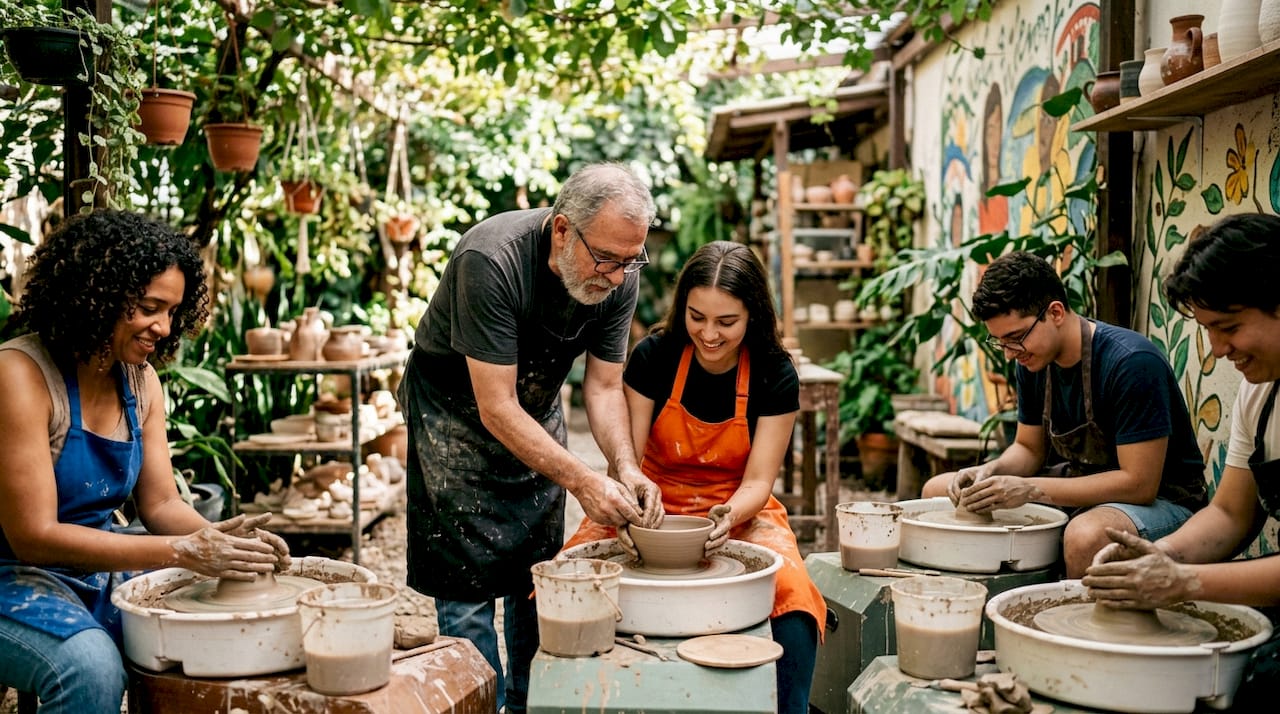 Participants engaged in pottery workshop indoors