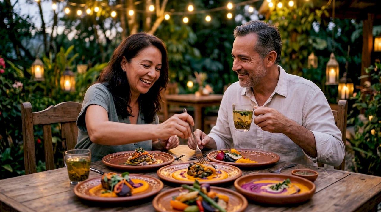 Couple tasting gourmet retreat dishes outdoors