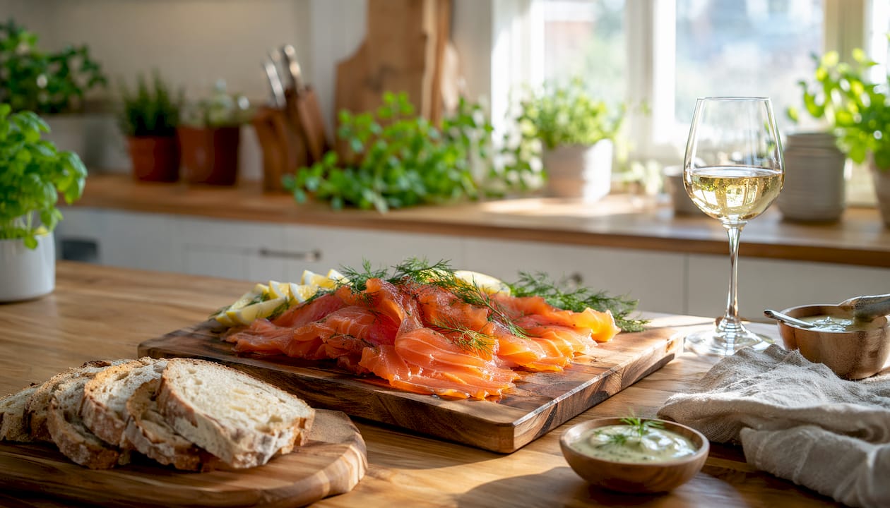 Close-up of gravlax on wooden platter