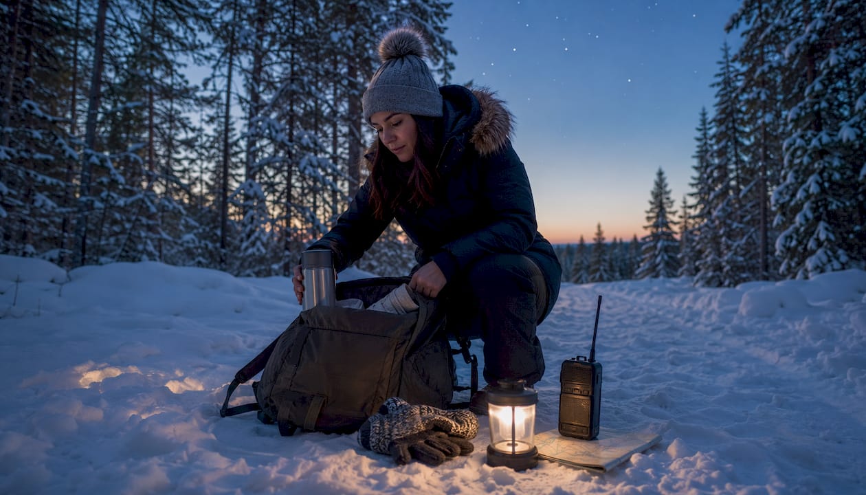 Hands packing aurora viewing gear in backpack