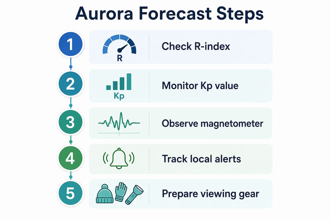 Infographic showing numbered steps for aurora forecasting