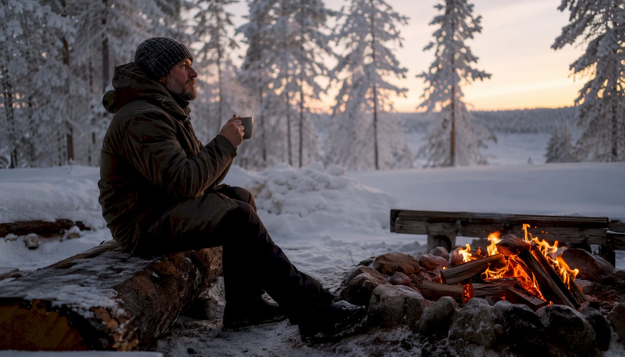 Man resting by fire pit outdoors after sauna