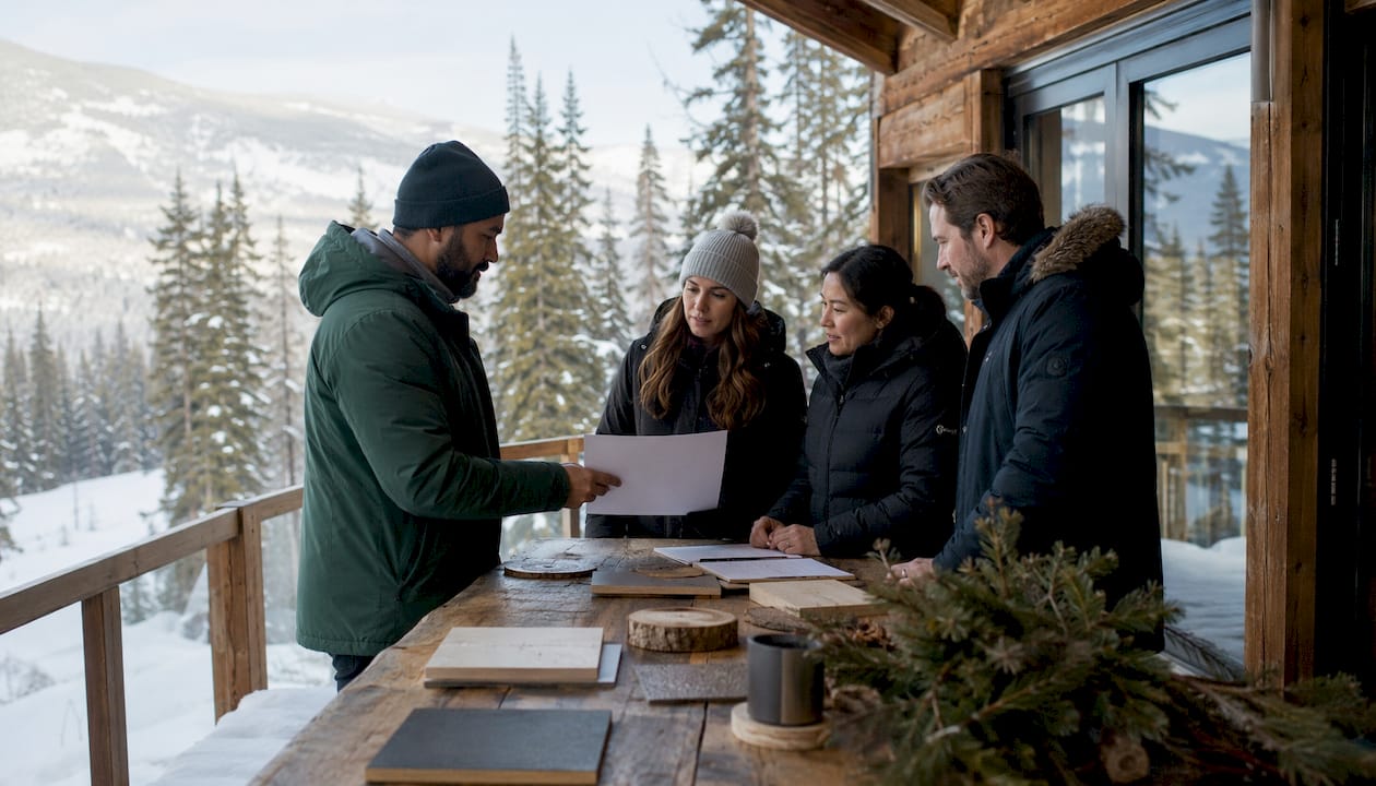 Certified sustainable Arctic retreat venue exterior with staff