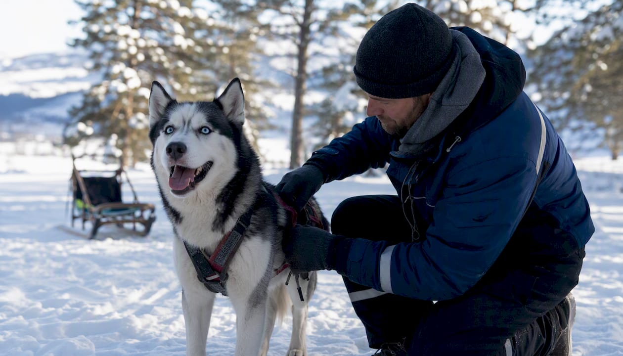 Guide harnessing husky dogs for safari