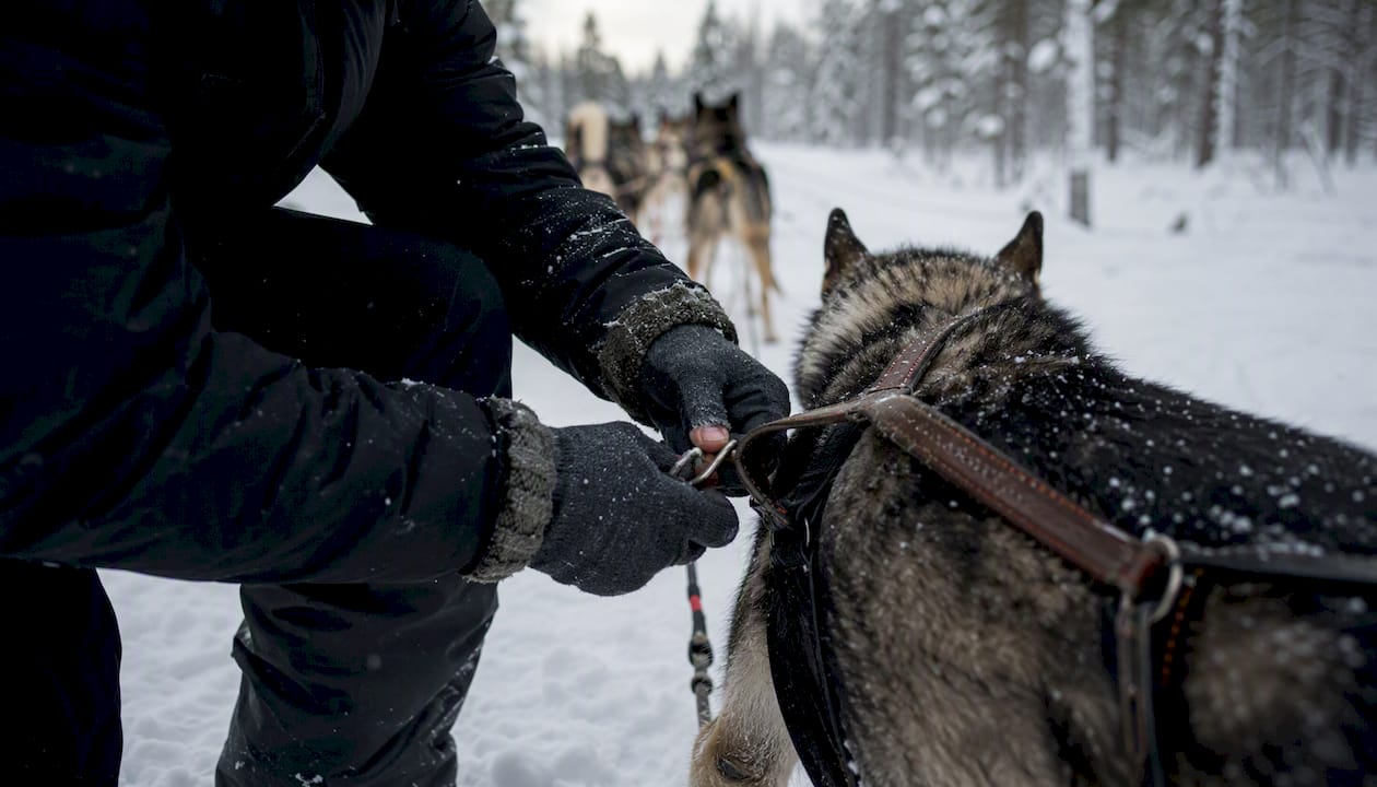 Hands preparing dog sled harness in snow