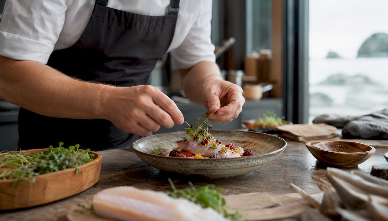 Chef plating gourmet Arctic dish
