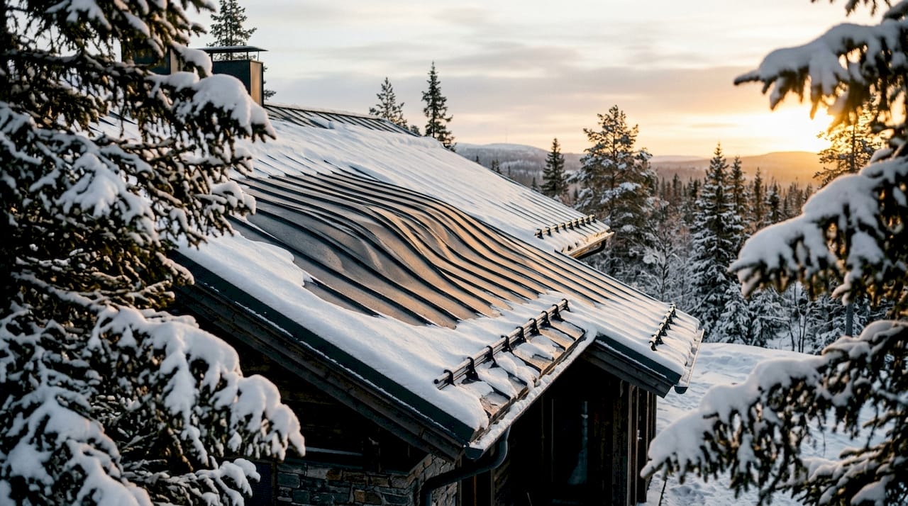 Close-up of snowy sustainable steel roof