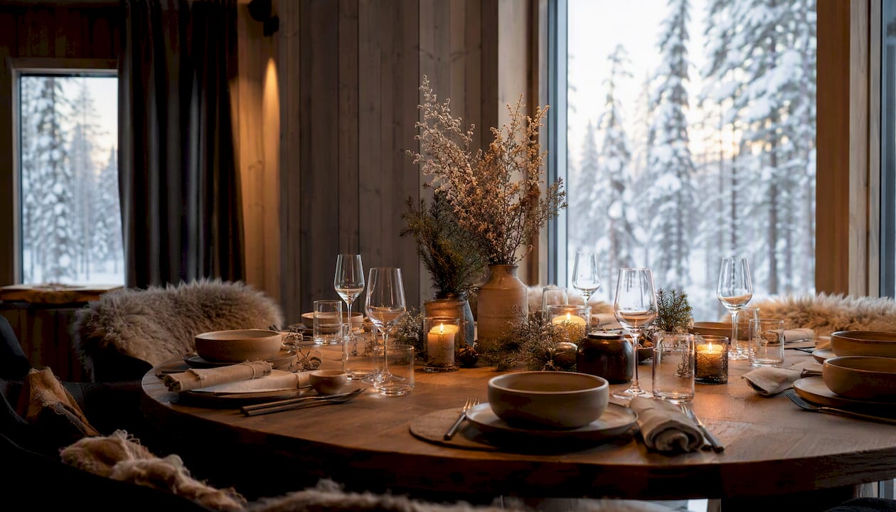 Private dining room view with snowy forest