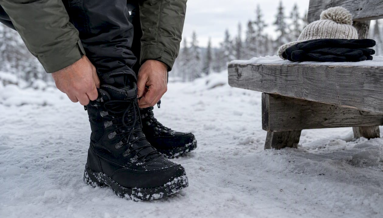 Hands adjusting winter boots outdoors in snow