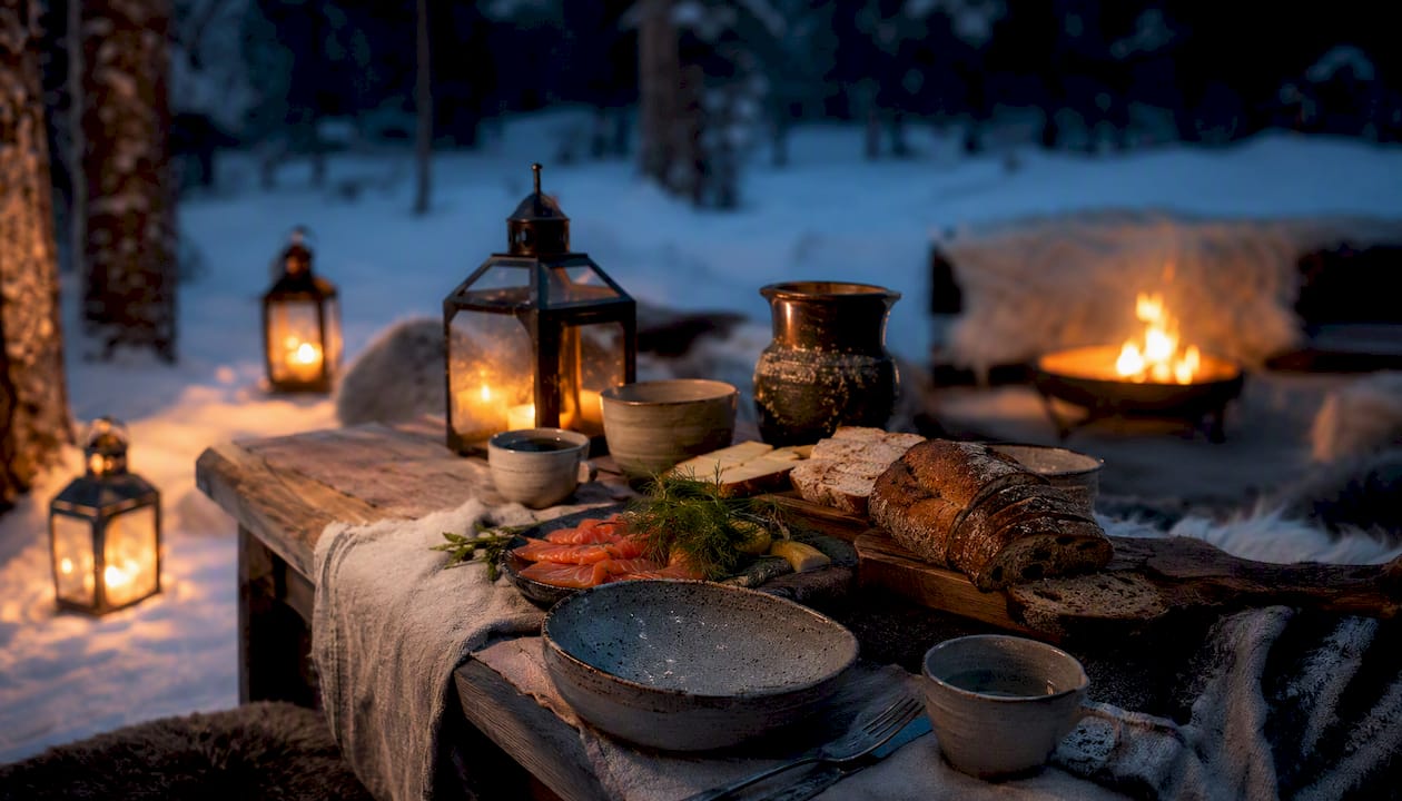 Rustic outdoor winter dinner table in Lapland