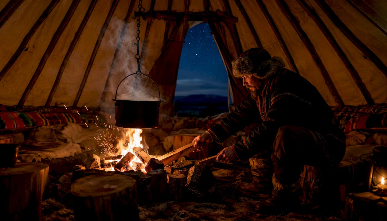 Open fire cooking inside a Sámi lavvo tent