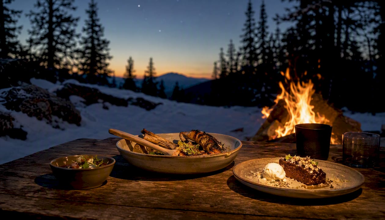 Multi-course meal served by open fire