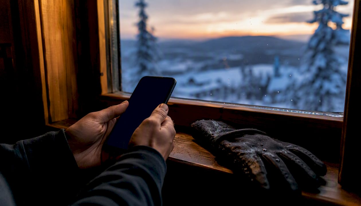 Hands holding dark smartphone near snowy cabin window
