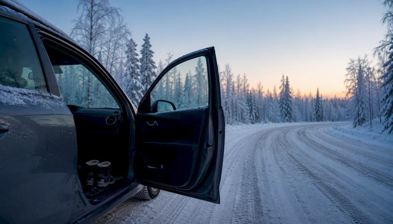 Rental car open door and snow boots readiness