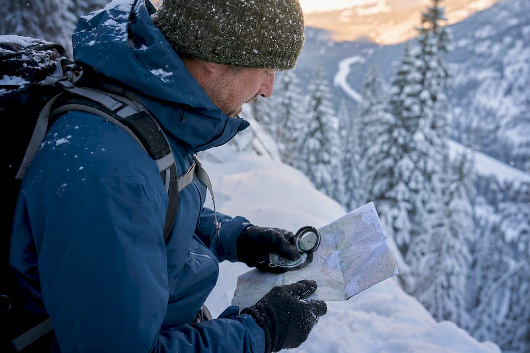 Snowshoe guide checking compass and map in forest