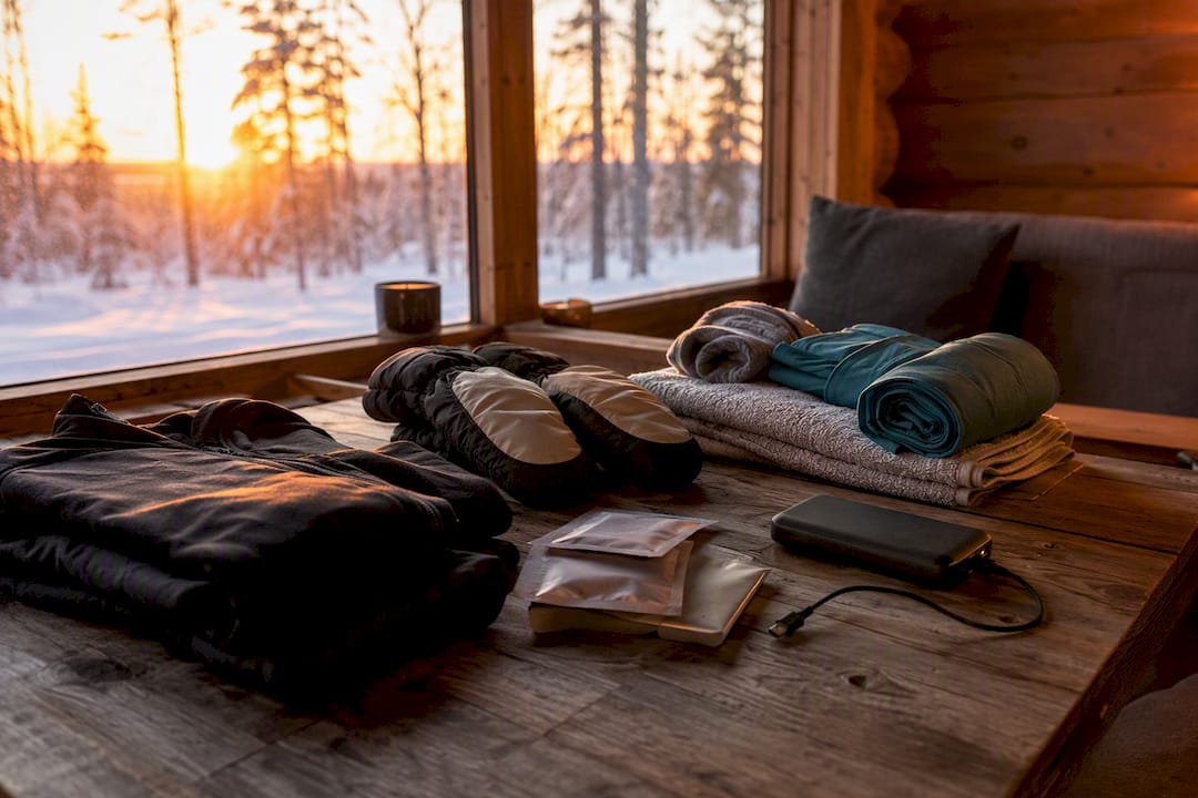 Winter gear and sauna swimsuit laid out indoors