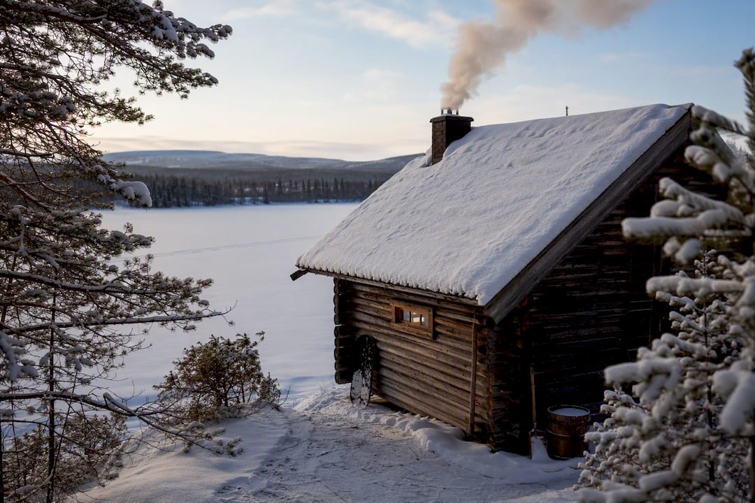 Snow-covered savusauna cabin by frozen lake