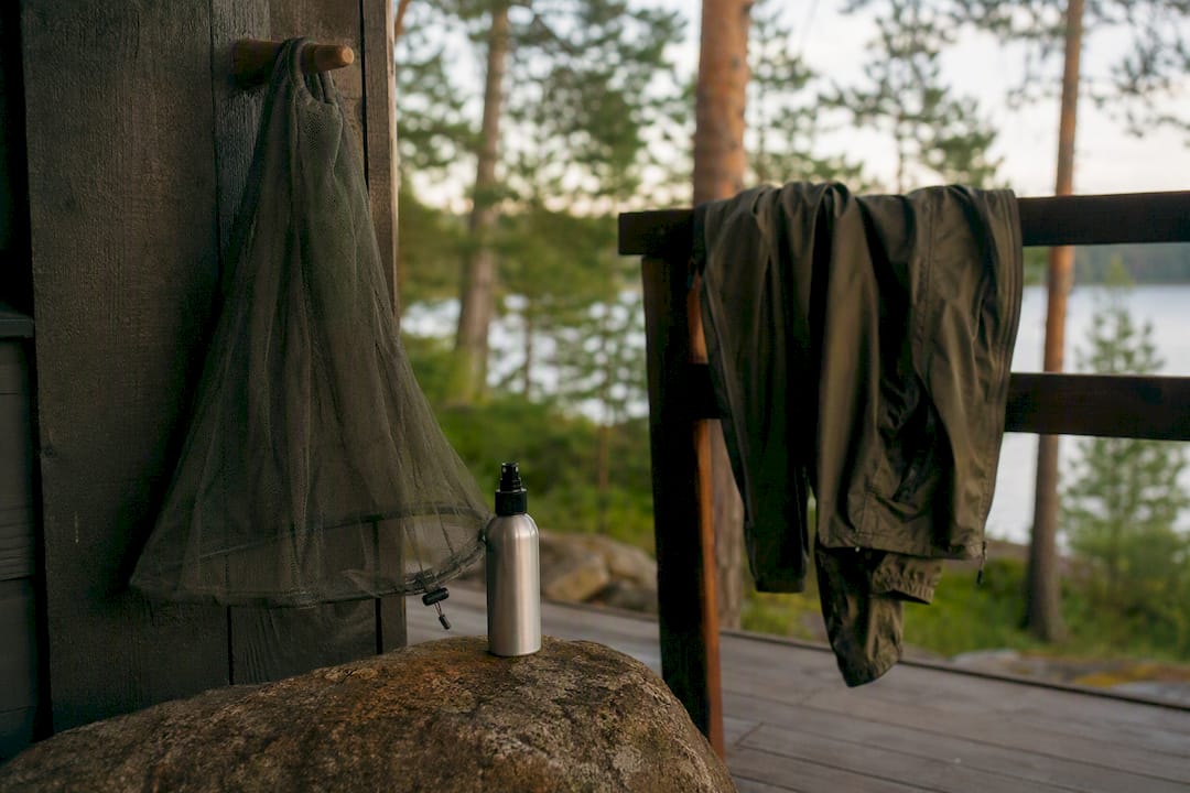 Mosquito repellent gear on cabin porch