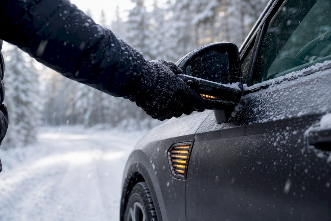 Gloved hand adjusting EV side mirror in snow