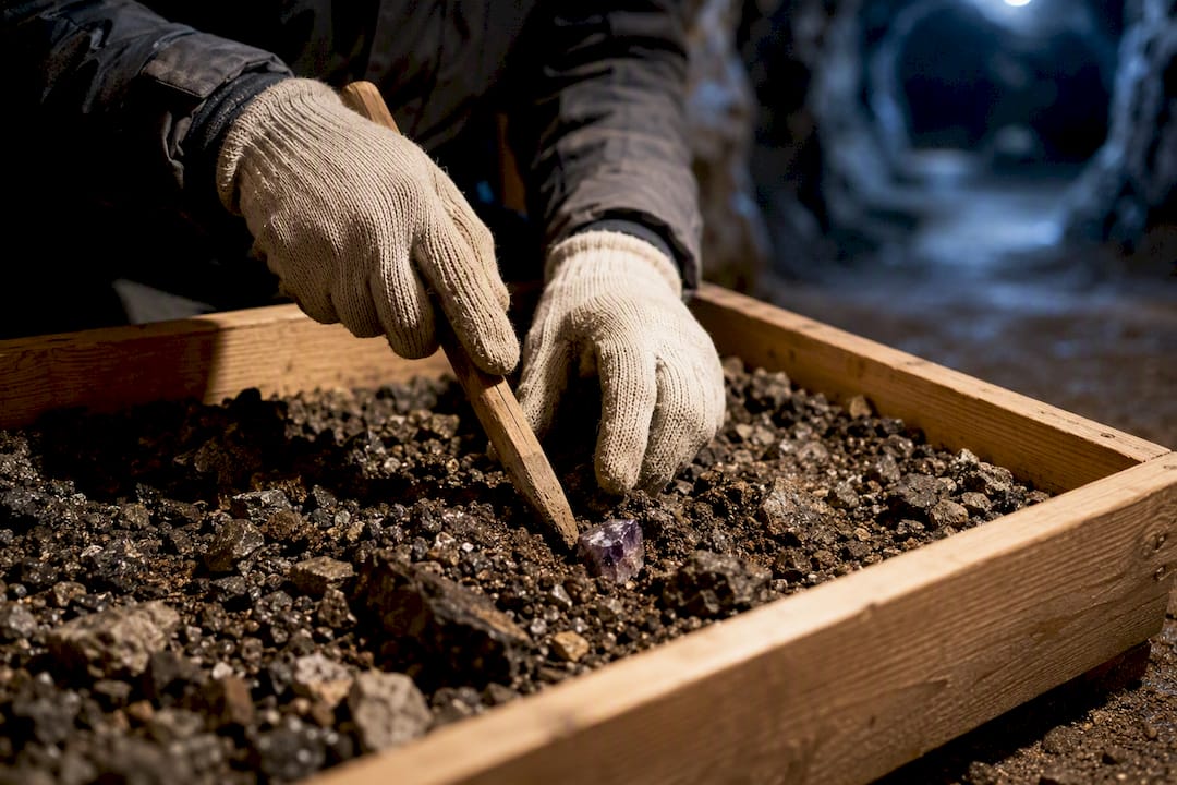 Hands uncovering amethyst in Lampivaara mine