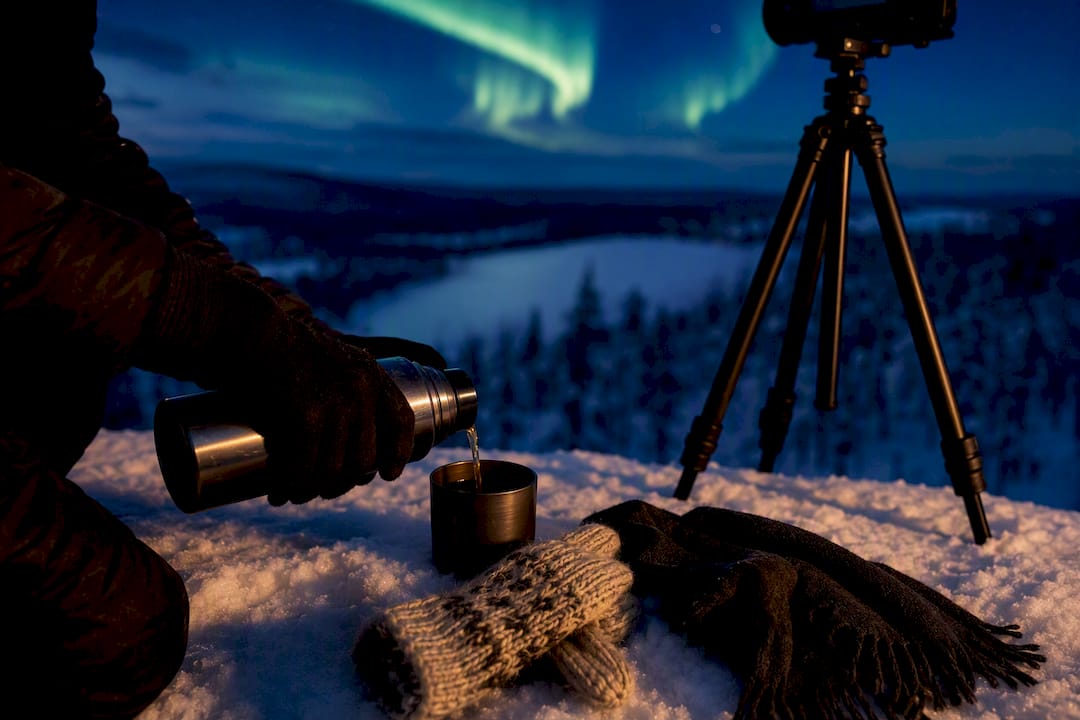 Hot drink beside a camera during aurora watch