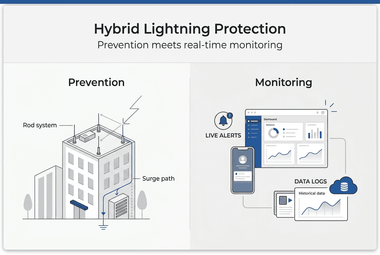 Infographic showing hybrid lightning protection prevention monitoring