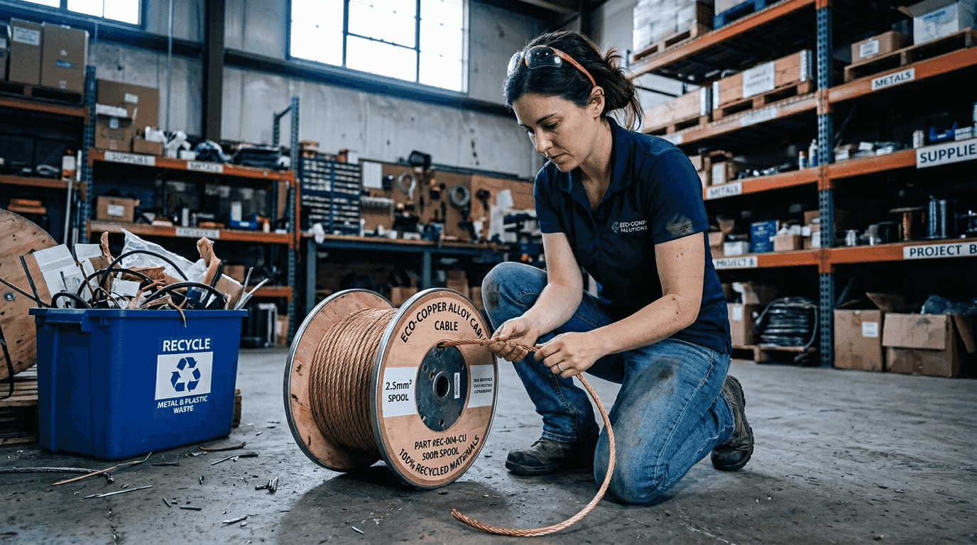 Engineer examining eco-friendly lightning cable in workshop