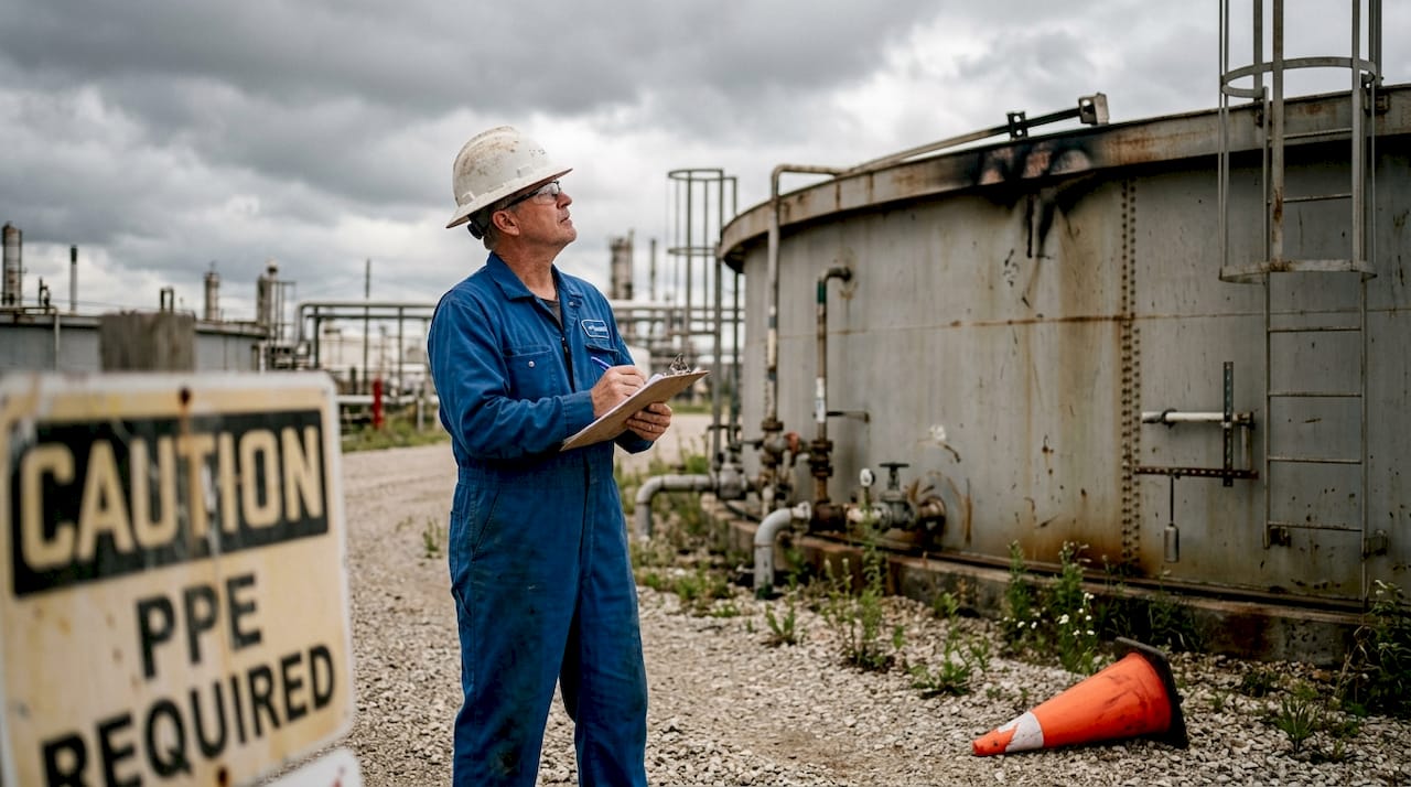 Inspector noting lightning damage on oil tank