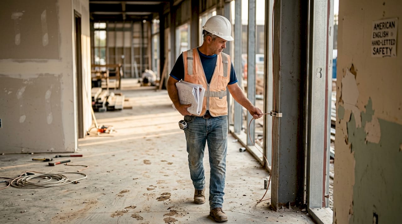 Supervisor inspects grounding on steel frame