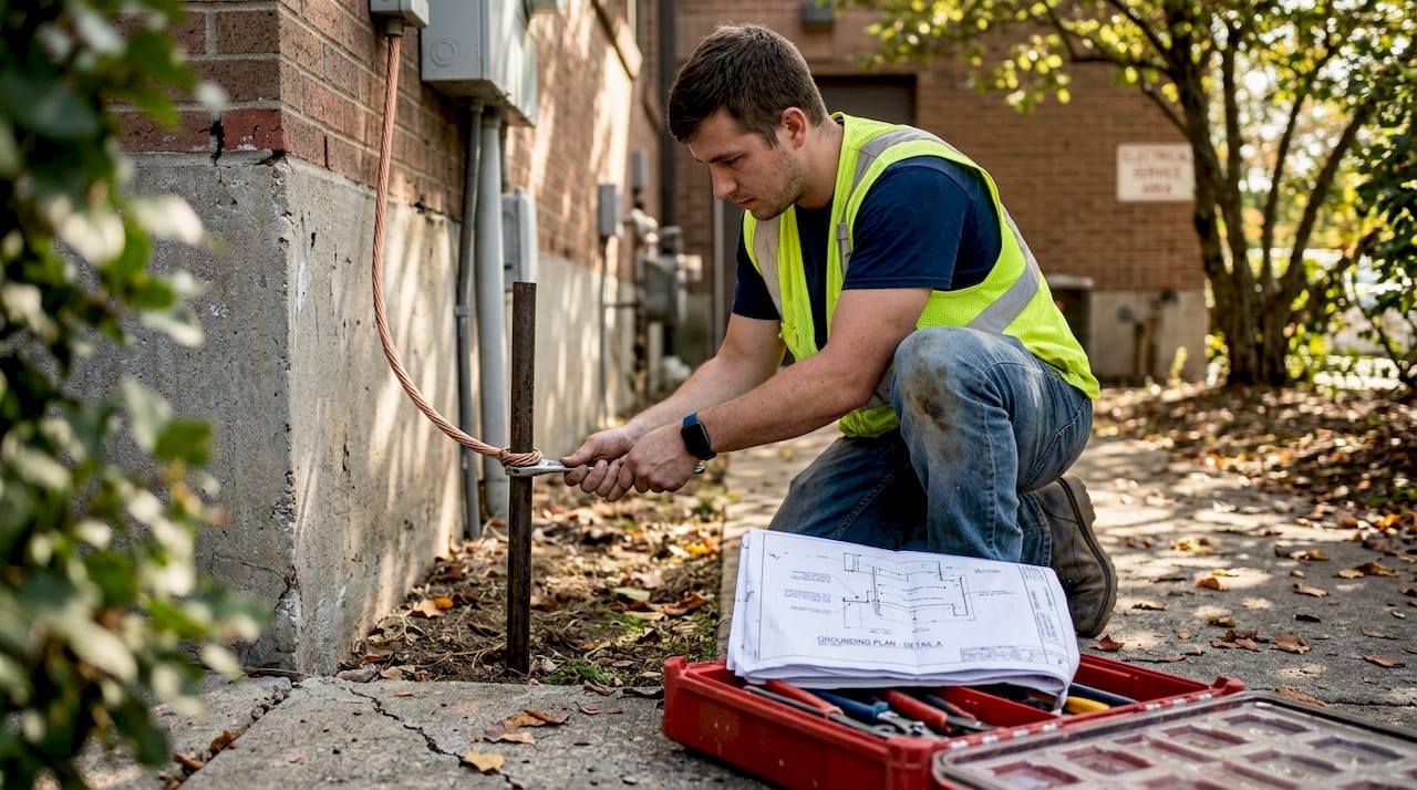 Technician maintains lightning grounding conductor