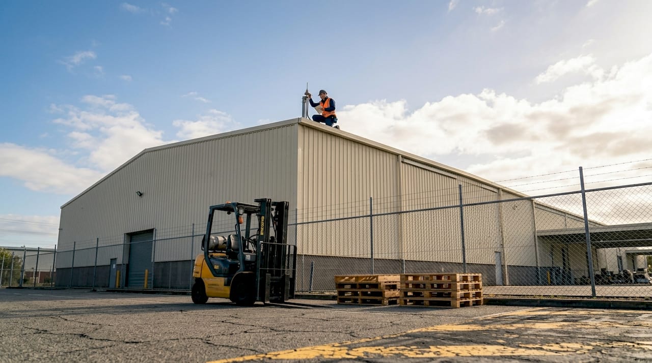 Worker inspecting advanced lightning device on warehouse